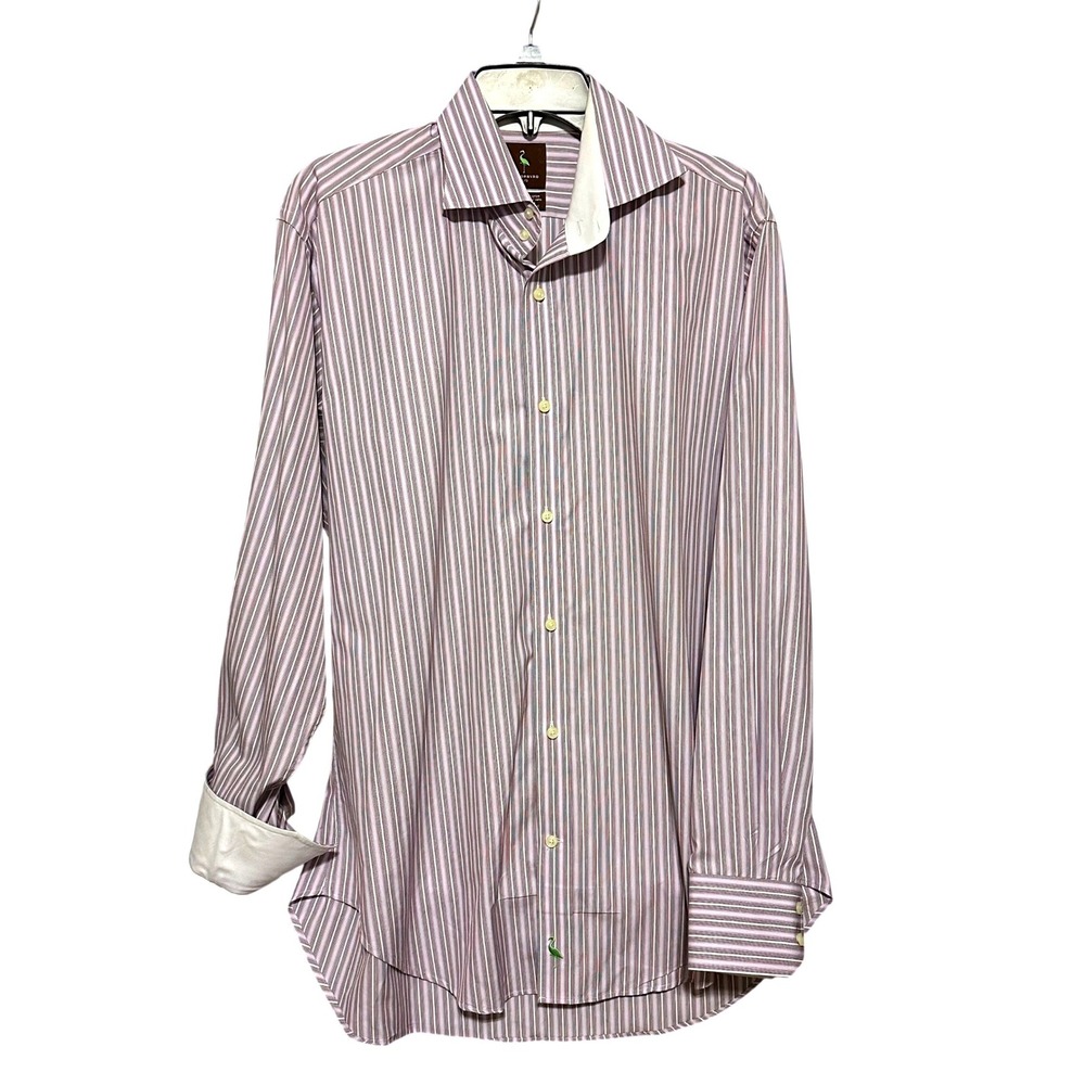 Tailorbyrd‎ Mens L G Striped Dress Shirt Long Sleeve Button Down Green Bird Logo
